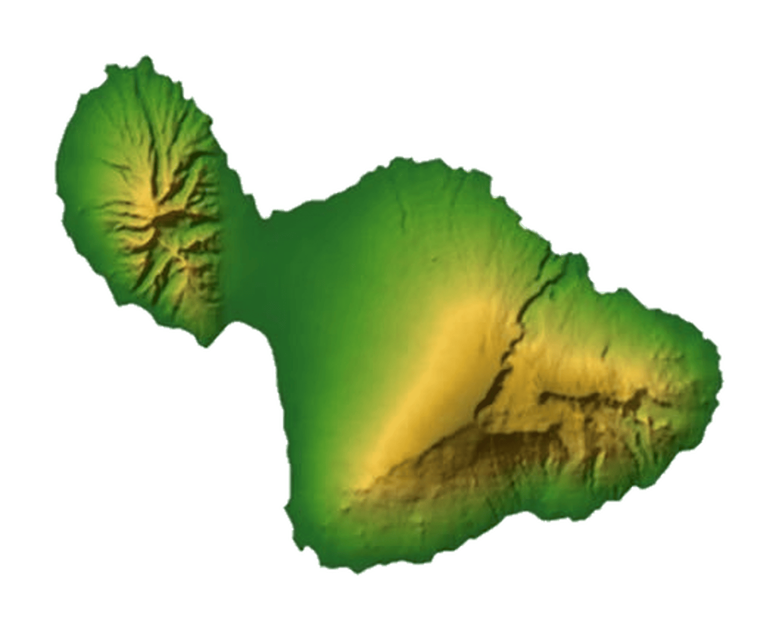 Maui elevation map showing Haleakala and the West Maui Mountains